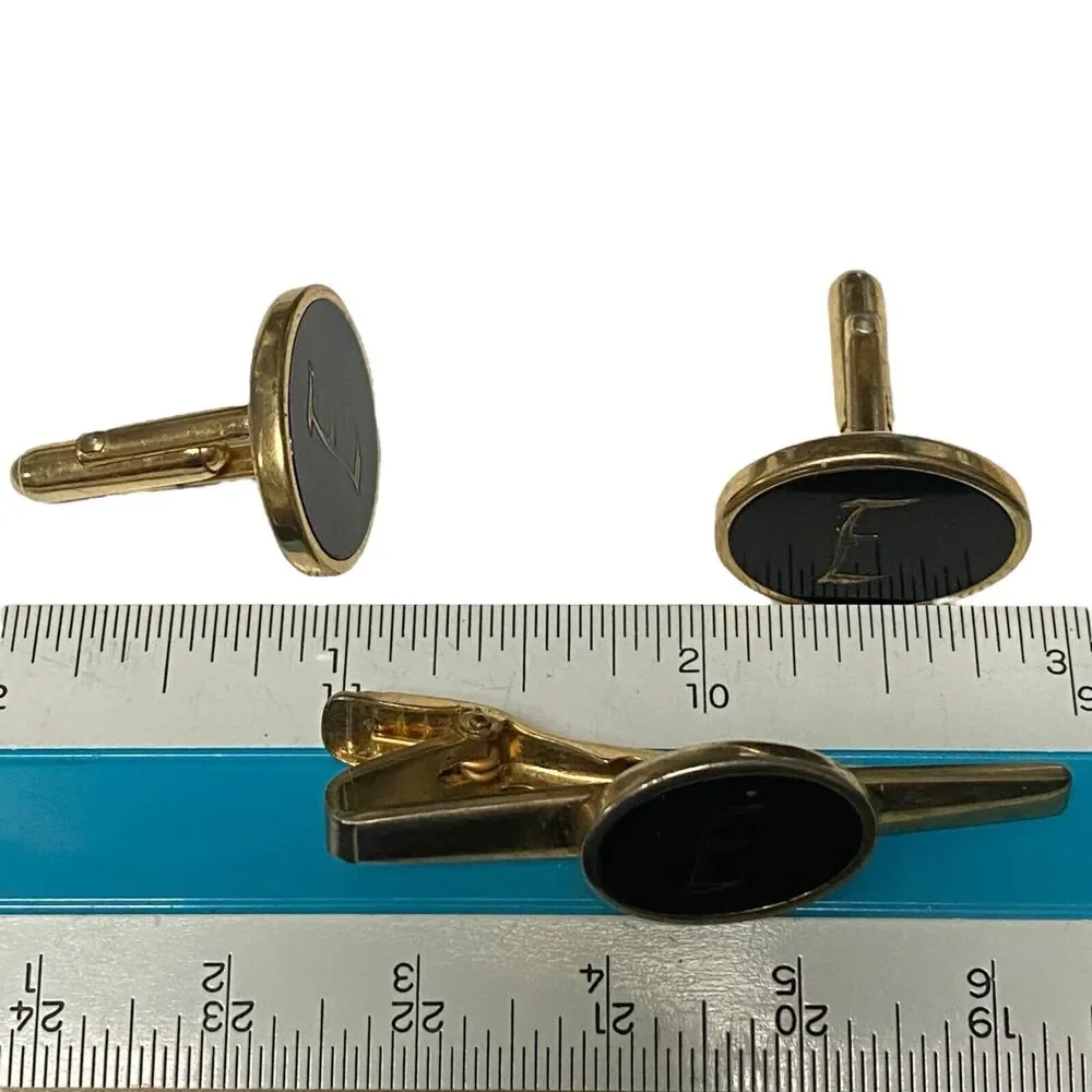 Anson Men's Cufflinks Set Tie Bar CLIP Black and Gold Tone Initial E